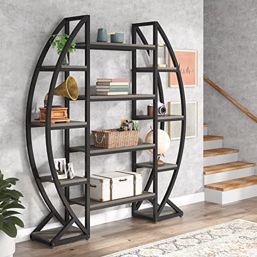 Tribesigns Oval Bookshelf, Triple Wide 5 Tier Etagere Bookcases, Industrial Display Shelves for Living Room (Gray, 55") - Image 1