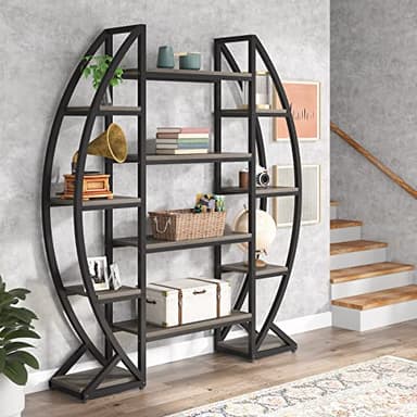 Tribesigns Oval Bookshelf, Triple Wide 5 Tier Etagere Bookcases, Industrial Display Shelves for Living Room (Gray, 55") - Image 1