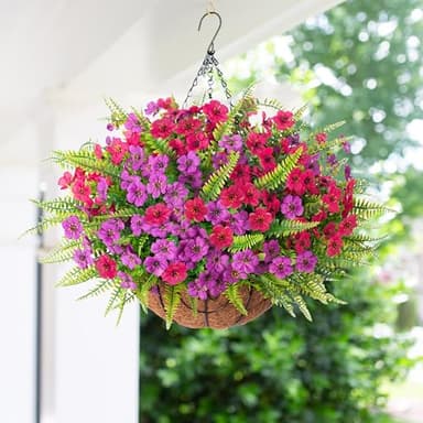 Artificial Fake Hanging Flowers Plants Basket for Outdoor Outside, 14 BundlesFaux Silk Colorful Daisy Fern in Planter UV Resistant Look Real for Porch Patio Garden Yard Home Decoration - Image 7