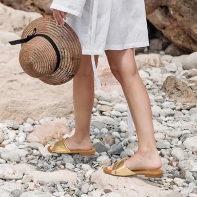 ATHMILE Sandals Women Dressy Summer Flat Comfortable Fashion Beach Cute Ladies Slides Leather Casual Dress Women's Sandals 2025 Gold Size 9 - Image 3