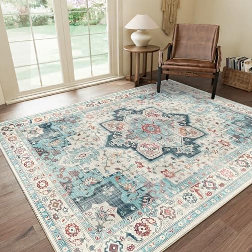 GENIMO 8x10 Area Rugs for Living Room, Machine Washable Non Slip Vintage Rugs, Low Pile Lightweight Chenille Print Rug for Bedroom, Dining Room, Home Office, Turquoise - Image 1