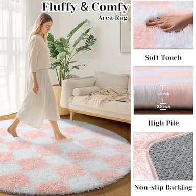 KICMOR Pink Round Rug 4ft for Girls Bedroom, Fluffy Soft Circle Area Rug Cute Small Living Room Carpet, Indoor Fuzzy Shag Shaggy Checkered Circular Rugs for Kids Room Nursery Home Decor Aesthetic - Image 2