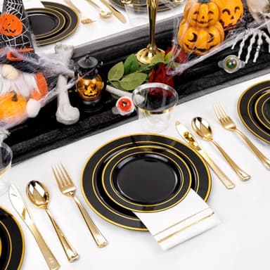 GATHER 350PCS Black Plastic Plates-Disposable Dinnerware Set Include 100PCS Black and Gold Plastic Plates, 150 Silverware, 50 Napkins, 50 Cups Perfect for Party & Wedding & Halloween - Image 2