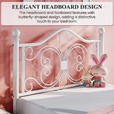 SHA CERLIN Twin Size Bed Frame for Kids,Metal Bed Frame with Butterfly Pattern Design Headboard & Footboard,No Box Spring Needed,Easy Assembly,White - Image 4