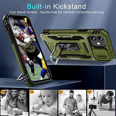 DEERLAMN Case for iPhone 11 with Slide Camera Cover+Screen Protector(2 Packs),Rotated Ring Kickstand Military Grade Shockproof Protective Cover-Olive Green - Image 4