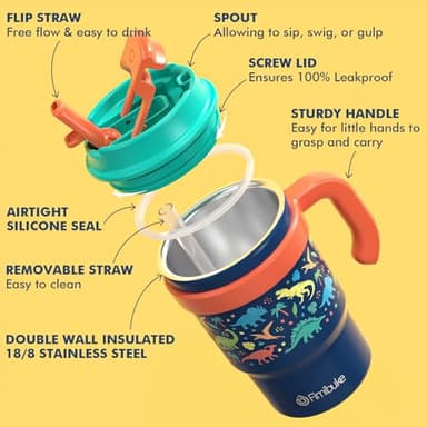 Fimibuke 16oz Kids Insulated Tumbler with Handle & Straws - 2 Pack BPA FREE 18/8 Stainless Steel Toddler Cups with Sip/Swig 2-in-1 Lids, Leak Proof Kid Drinking Cup Travel Mugs for Children Boys Girls - Image 7
