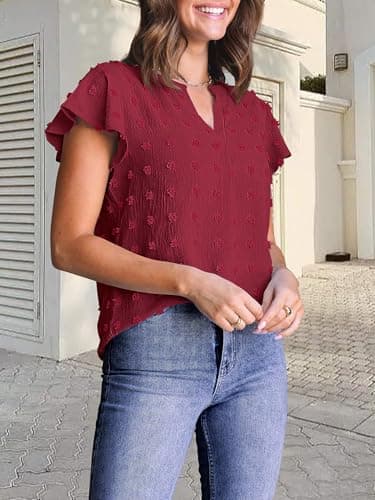 MEROKEETY Women Short Sleeve Notched V Neck Blouse Summer Casual Swiss Dot Boho Solid Top WineRed Large - Image 8