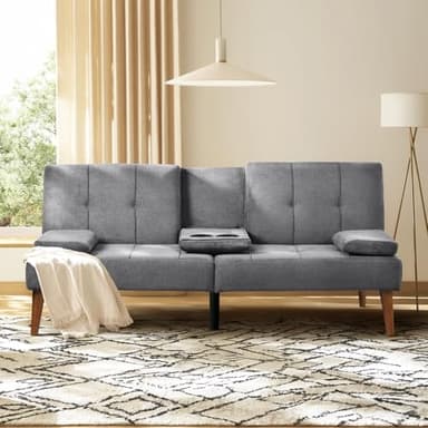 COLAMY Futon Sofa Bed-Fabric Small Couch, Small Lounge Convertible with 2 Cup Holders, Removable Soft Armrest, Adjustable Backrest for Dorm/Bedroom/College - Image 8