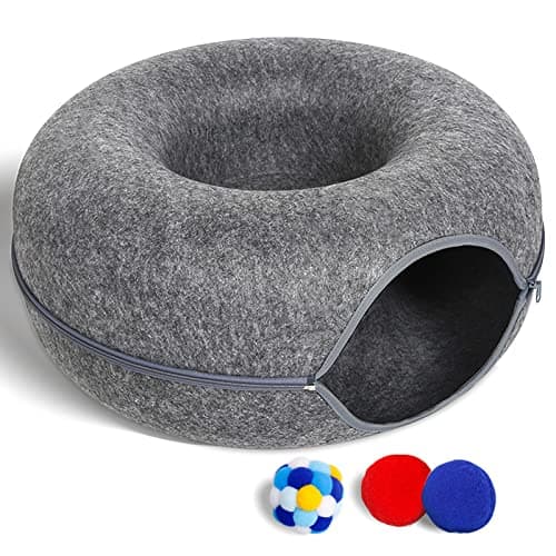 Large Cat Tunnel Bed for Indoor Cats with 3 Toys, Scratch Resistant Donut Cat Bed, Up to 30 Lbs (L 24x24x11, Dark Grey) - Image 1