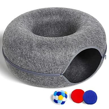 Large Cat Tunnel Bed for Indoor Cats with 3 Toys, Scratch Resistant Donut Cat Bed, Up to 30 Lbs (L 24x24x11, Dark Grey) - Image 1