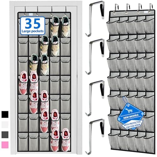 over the door shoe organizer,2025 upgraded,shoe organizer,35 Huge pockets,over door shoe organizer,Store size 13 shoes,shoe organizer,Strong material,hooks Suitable for various doors,Grey/black - Image 1