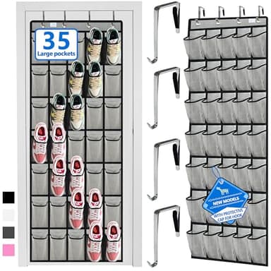 over the door shoe organizer,2025 upgraded,shoe organizer,35 Huge pockets,over door shoe organizer,Store size 13 shoes,shoe organizer,Strong material,hooks Suitable for various doors,Grey/black - Image 1