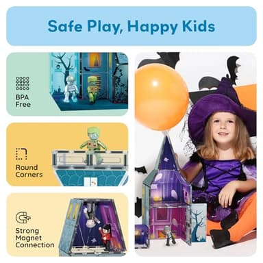 PicassoTiles Haunted House Theme Magnet Tile Building Blocks 8 Action Figures Magnetic Construction Toy Double Sided Printing Education STEM Learning Playset Halloween Adventure Kid Ages 3+ PTQ03 - Image 7