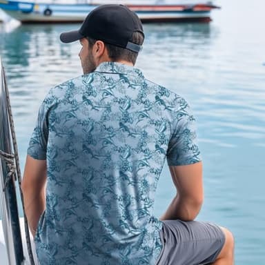 Palmyth Fishing Shirts for Men Polo Dry Fit Short Sleeve UPF 50+ Moisture Wicking Print Collared Fishing Polo Shirts Aloha Fish Light Blue 2XL - Image 5