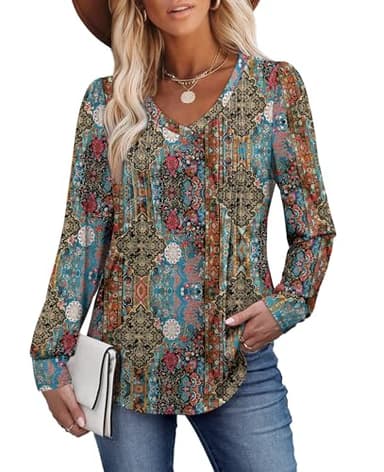Alaroo Plus Size Tops for Women Blouses Maternity Shirts 2025 Fall Winter Clothes Boho Fashion Outfits V Neck Print 10 2XL - Image 3