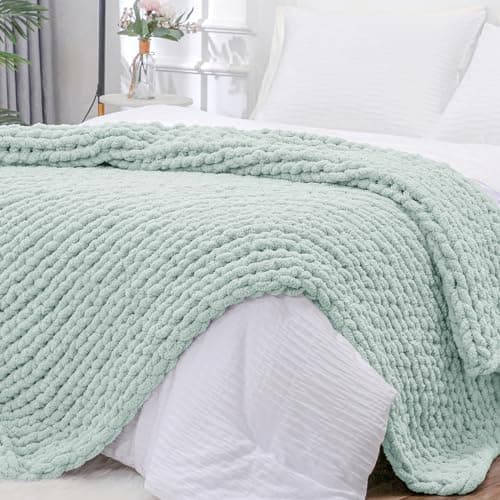 Bigacogo Chunky Knit Throw Blanket for Couch, 40x80 inches, 100% Hand Knitted with Thick Jumbo Chenille Yarn, Cozy Soft Large Rope Knot Cable Crochet Blankets for Sofa Bed Living Room, Mint - Image 1