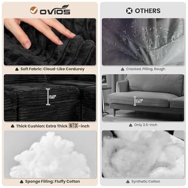 ovios Modular Sectional Sofa Couch with Sofa Bed L-Shape Chaise, Comfy Plush Corduroy Cloud Couches, Modern Deep Seat Sofas Set for Living Room, 6-Seater, Black - Image 9