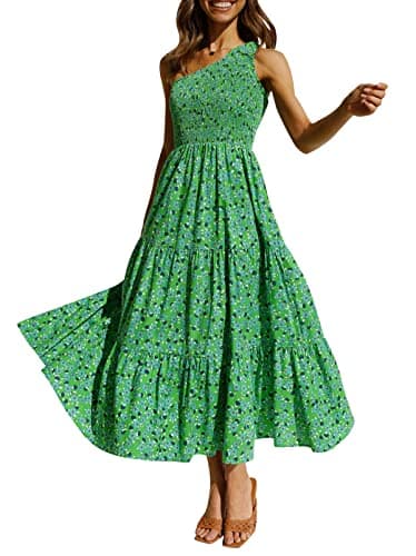 ZESICA Women's 2025 Bohemian Summer Floral Print One Shoulder Sleeveless Smocked Ruffle Tiered Beach Long Midi Dress,GrassGreen,Small - Image 1