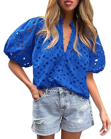 PRETTYGARDEN Women's Summer Tops 2025 Dressy Casual Short Sleeve V Neck Buttons Hollow Out Lace Embroidered Blouses Shirts (Blue,Large) - Image 1
