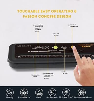 MEGAWISE Model B 2025 Vacuum Sealer | Powerful & Compact | One-Touch Automatic Food Sealer for Cold, Wet, Moist, and Dry Foods | Compatible with Thick, Medium, and Thin Bags | OMNI MACHINE (Black) - Image 4