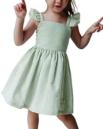 Saodimallsu Girls Sundress Striped Sleeveless Summer Dress Lined for Kids Spring Outfits Ruffle Sleeve Green 7-8 Years - Image 1
