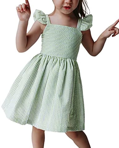 Saodimallsu Girls Sundress Striped Sleeveless Summer Dress Lined for Kids Spring Outfits Ruffle Sleeve Green 7-8 Years - Image 1
