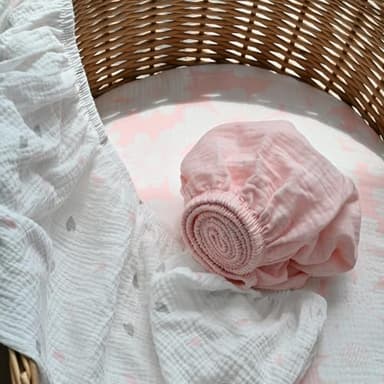 Gllquen Baby Muslin Bassinet Sheets 3 Pack, Breathable Elastic Cozy Fitted Cotton Bassinet Mattress Sheet for Baby Boy Girls, Fit for Hourglass Oval Rectangular Cradle Pad Sheets 33"x17" (Pink) - Image 5