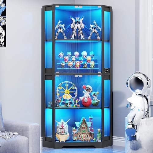 BROTTAR Corner Display Cabinet with Glass Doors, 65" Lighted Curio Cabinet with 3 Color LED Lights for Collectibles, 4-Tier Showcase Display Case with Human Body Sensor for Toys, Books, Black - Image 1