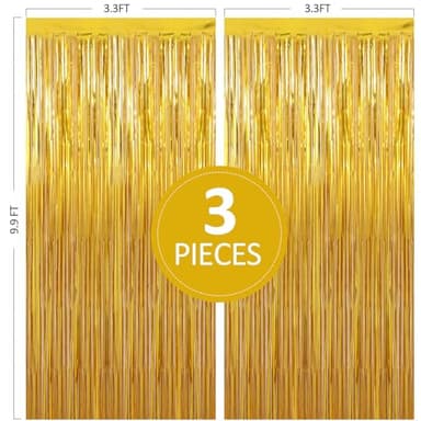 Birthday Party Decorations: 3 Pack 3.3 x 9.9 ft Gold Foil Fringe Curtains Party Supplies, Tinsel Curtain Backdrop for Parties/Birthday/Photo Booth - Image 2