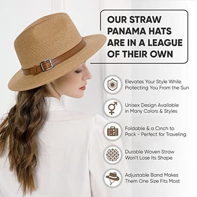 Wide Brim Straw Panama Hat - Stylish Lightweight, Breathable Men's & Women's Fedoras Provide Excellent UV Protection - Perfect Beach, Pool, Festival, Vacation, & Resort Wear - Buckles Belt Light Brown - Image 3