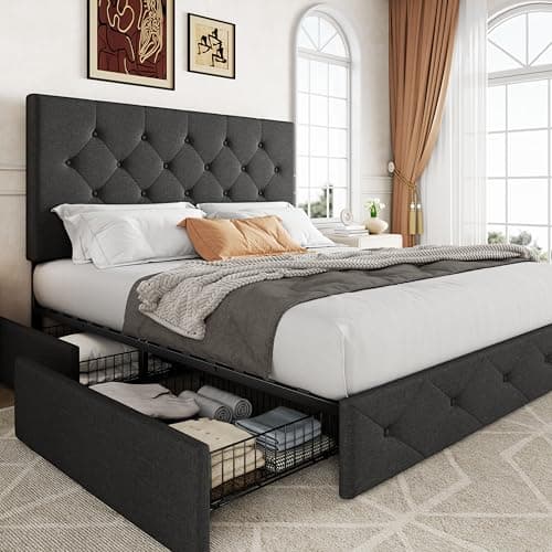 Allewie Upholstered Queen Size Platform Bed Frame with 4 Storage Drawers and Headboard, Diamond Stitched Button Tufted, Mattress Foundation with Wooden Slats Support, No Box Spring Needed, Dark Grey - Image 1