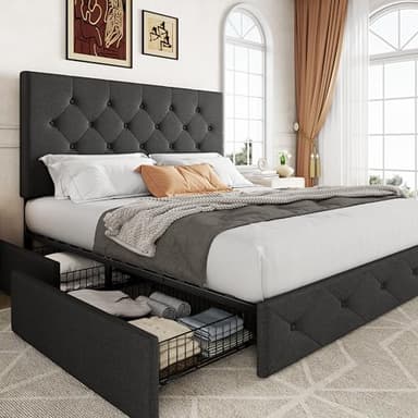 Allewie Upholstered Queen Size Platform Bed Frame with 4 Storage Drawers and Headboard, Diamond Stitched Button Tufted, Mattress Foundation with Wooden Slats Support, No Box Spring Needed, Dark Grey - Image 1