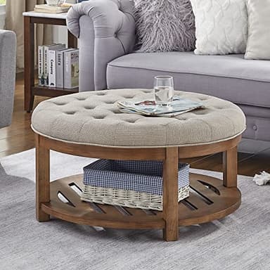 24KF Large Round Upholstered Tufted Linen Ottoman Coffee Table, Large Footrest Ottoman with Wood Shelf Storage-Iinen - Image 1
