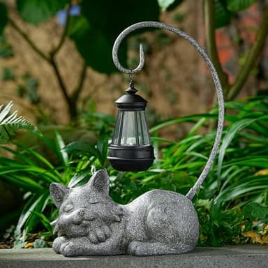 WSgift Outdoor Cat Figurine Garden Statue with Solar-Powered LED Light 13.77 Inches Tall Gift Garden Statue Decor for Cat Lovers Marbled - Image 4