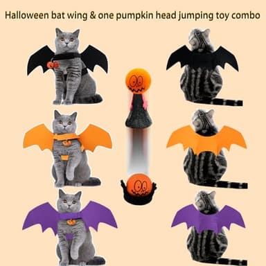 Halloween Dog Cat Bat Wings Costume, Halloween Cute Apparel Cosplay Party Decoration, Dress-Up, Pumpkin Head Jumping Popper Bouncing Toy and Pumpkin Bells Combo for Cat Dogs Puppy Kitty, Black - Image 3