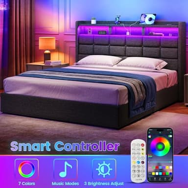 Driftalia Lift Up Queen Bed Frame with Storage, Upholstered Bed Frame Queen Size with LED Lights Headboard and Charging Station, No Box Spring Needed, Easy Assembly - Dark Grey - Image 3