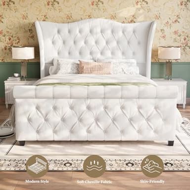 Queen Size Bed Frame-Upholstered Platform Chenille Sleigh Bed-51 inch Scroll Wingback Tall Headboard Footboard-Deep Button Tufted-Easily Assemble-Wood Slats Support-No Box Spring Required-Cream - Image 8