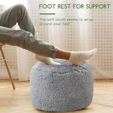 HIGOGOGO Round Stuffed Pouf Ottoman, Long Faux Fur Poufs with Foam Chunk Filling, Fluffy and Furry Pouf Foot Stool Storage Ottoman, 20 X 15 Floor Poufs Foot Rest for Living Room, Grey - Image 3
