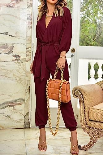 PRETTYGARDEN Women's Spring Fall Jumpsuits Casual Dressy One Piece Outfits V Neck Long Sleeve Belt Pockets Long Pants Romper (Wine Red,Small) - Image 7