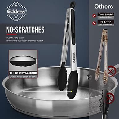 Eddeas Kitchen Tongs with Silicone Tips, Tongs for Cooking Heat Resistant 600 Degrees Stainless Steel Locking Tong - 7" 9" & 12 inch Silicone Tong Non-Stick, Black Set of 3 - Image 3