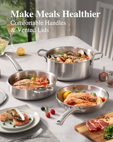 Stainless Steel Cookware Set,Tir-Ply Pots and Pans Set,10 Pcs Stainless Steel Induction Kitchen Cookware Sets,PFOA Free, Frying Pans,Saucepans,Saute Pan & Stock Pot,Compatible with All Cooktops - Image 5