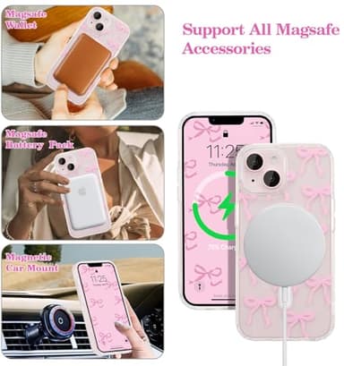 UEEBAI Magnetic for iPhone 14 & iPhone 13 Case, Bow Case Compatible with MagSafe, Wireless Slim Clear Ribbon Phone Cover Anti-Yellowing Shockproof Protective Cover for Women Girl - Pink - Image 2