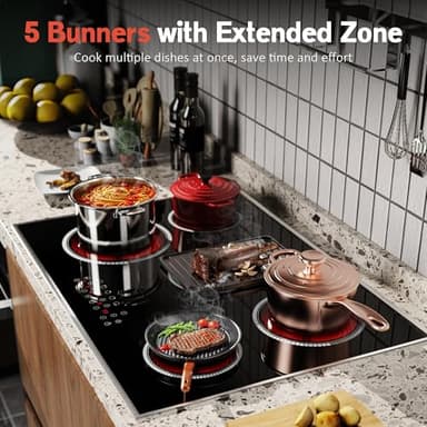 Pladeca 30 Inch Electric Cooktop, 5 Burner Electric Stove Top Touch Control, 8400W Built-in Ceramic Stovetop Burner 30" with Expandable Zone, Child Lock, Timer, Overheat Alert, 220-240v Hardwired - Image 5