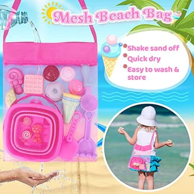Collapsible Beach Toys Set for Kids Toddlers Girls, Collapsible Sand Bucket and Shovels Set with Mesh Bag & Sand Molds, Ice Cream Travel Sand Toys for Beach, Sandbox Toys for Toddlers Kids Age 3-10 - Image 3