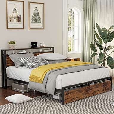 LIKIMIO Queen Bed Frame with Storage Headboard, Platform Bed with Drawers and Charging Station, No Box Spring Needed, Easy Assembly, Vintage Brown - Image 3