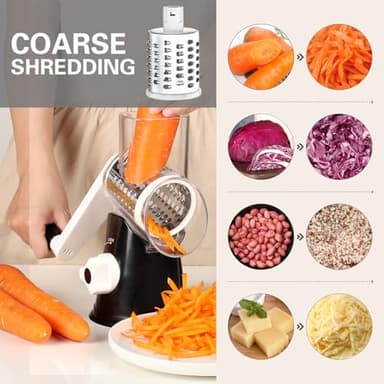 Cambom Rotary Cheese Grater Hand Crank Cheese Shredder for Fresh Cheese, Vegetable, Nuts,Non-slip Suction Base, Free Cleaning Brush Three Blades, Black - Image 4