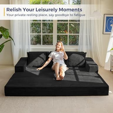 MAXYOYO Sofa Bed, 4 in 1 Foldable Floor Sofa Couch in A Box with 2 Cup Holders, Convertible 3 Seater Boneless Couch Folding Recliner Sleeper Chair for Living Room, No Assembly Required, Black - Image 3