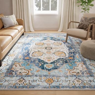 RELEANY 6x9 Area Rug Vintage Machine Washable Low Pile Carpet No Shedding Area Rugs for Living Room Bedroom Dining Room Kitchen Entryway Hallway Office Indoor-Sky Blue/Orange - Image 1