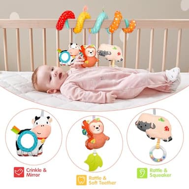XIXILAND Car Seat Toys for Babies 0-6 Months Boy Girl Carseat Toys Hanging Spiral Stroller Toys, Infant Toys Baby Toys 0-6 Months Newborn Toys 0 3 Months Brain Development with Mirror Teether Rattle - Image 2