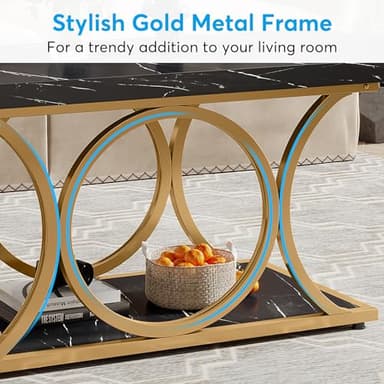 Tribesigns Rectangle Coffee Table, 47.24-inch Modern Coffee Tables for Living Room, 2-Tier Faux Marble Wood Coffee Table with Geometric Metal Legs, Furniture with Storage Shelf (Black & Gold) - Image 6